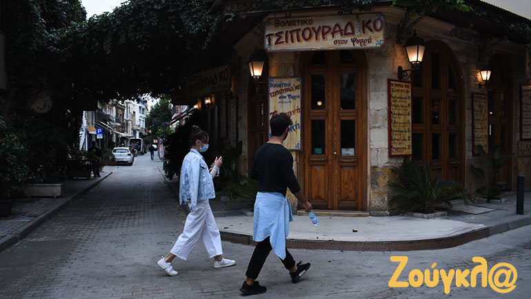 Ψυρρή, κόσμος με μάσκες έξω από κλειστό κατάστημα