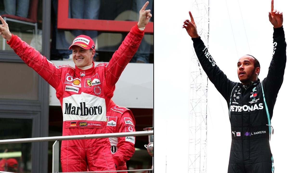 Δύο θρύλοι της Formula 1 με 7 τίτλους ο καθένας. Αριστερά ο Michael Schumacher και δεξιά ο Lewis Hamilton (πηγή φωτό: Twitter F1)