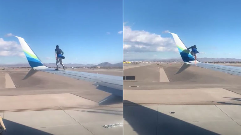 Άνδρας σκαρφάλωσε στο φτερό ενός αεροπλάνου
