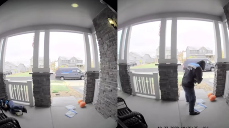 Διανομέας γλιστρά δύο φορές μπροστά σε ένα σπίτι