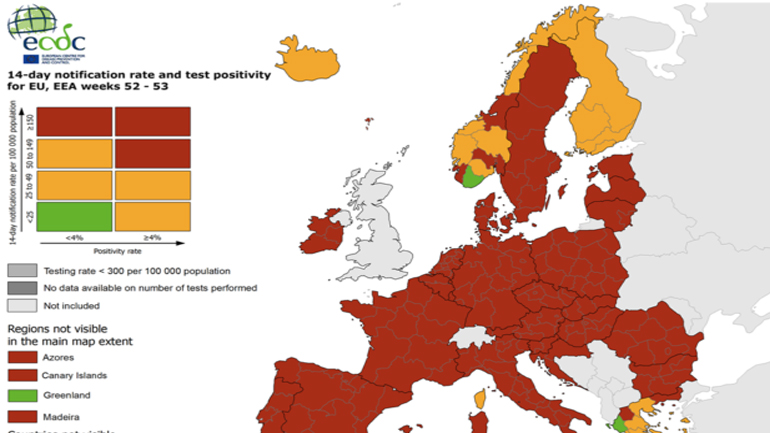 Μόνο ελληνικές οι «πράσινες» περιοχές της ΕΕ στον ευρωπαϊκό χάρτη του κορωνοϊού
