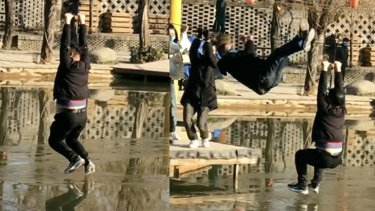 Κόλλησε στην εναέρια τροχαλία