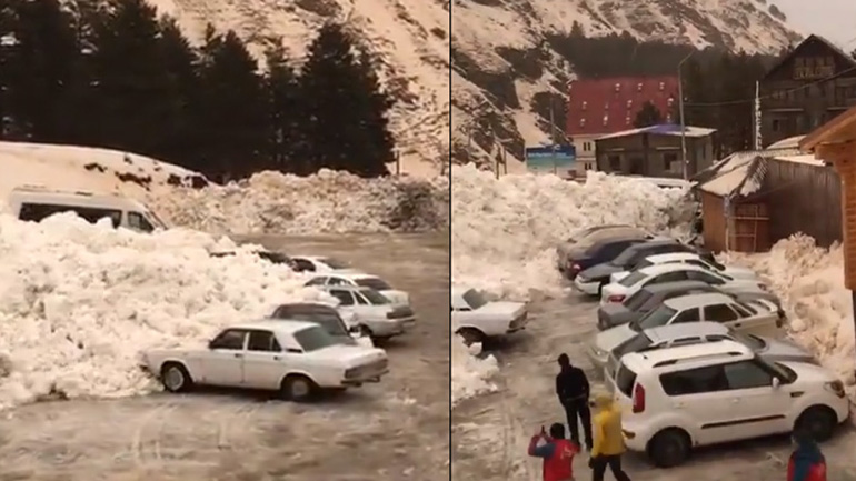 Χιονοστιβάδα σπρώχνει παρκαρισμένα αυτοκίνητα (Ρωσία)