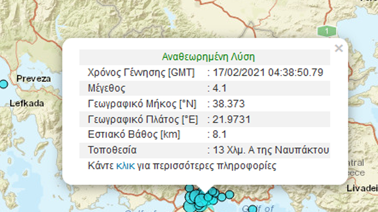Νέα σεισμική δόνηση 4,1 Ρίχτερ με επίκεντρο κοντά στη Ναύπακτο Νέα σεισμική δόνηση 4,1 Ρίχτερ με επίκεντρο κοντά στη Ναύπακτο