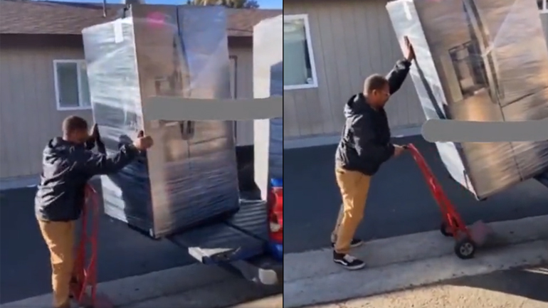 Εκφόρτωση ψυγείου από φορτηγό