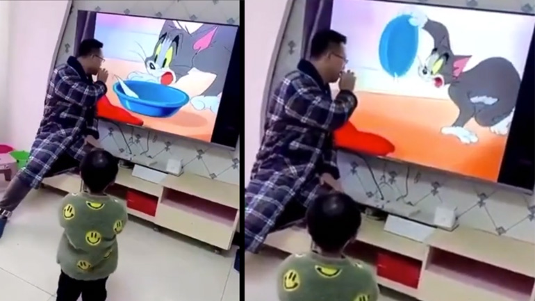 Ο μπαμπάς συμμετέχει σε σκηνή του «Tom & Jerry»