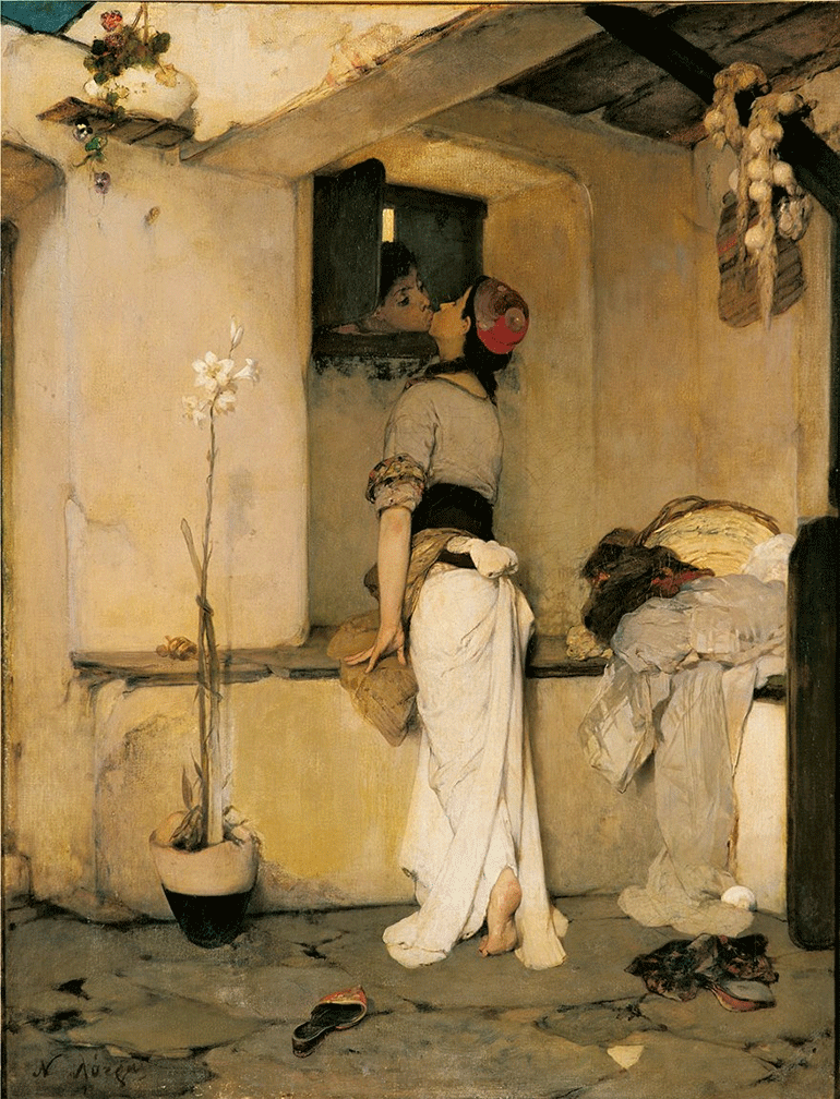 Νικηφόρος Λύτρας (1832-1904) Το φίλημα, πριν το 1878, Λάδι σε μουσαμά, Συλλογή Ιδρύματος Ε. Κουτλίδη, αρ. έργου 139, Nikephoros Lytras (1832-1904), The Kiss, before 1878, Oil on canvas Collection of the E. Koutlidis Foundation, inv. no. 139