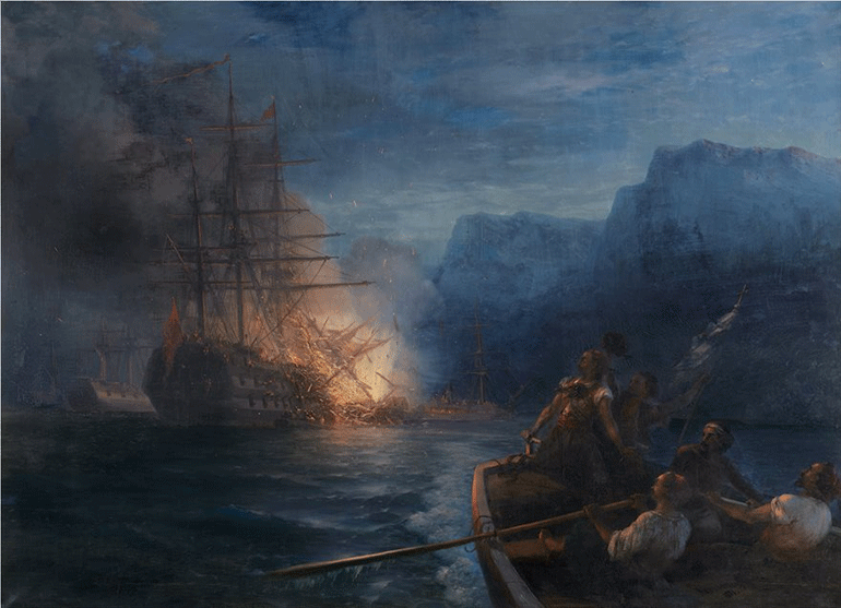 Ivan Aivasowsky (Ιβάν Αϊβαζόφσκυ, 1817-1900) Η πυρπόληση της τουρκικής ναυαρχίδας από τον Κανάρη, 1881, Λάδι σε μουσαμά Δωρεά Πολυτεχνείου, αρ. έργου 277 Ivan Aivasowsky (1817-1900) The Firing of the Turkish Flagship by Kanaris, 1881 Oil on canvas Donated