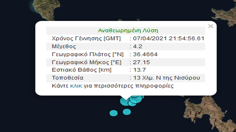 Δύο σεισμικές δονήσεις 4,2 και 4,4 Ρίχτερ νότια της Νισύρου