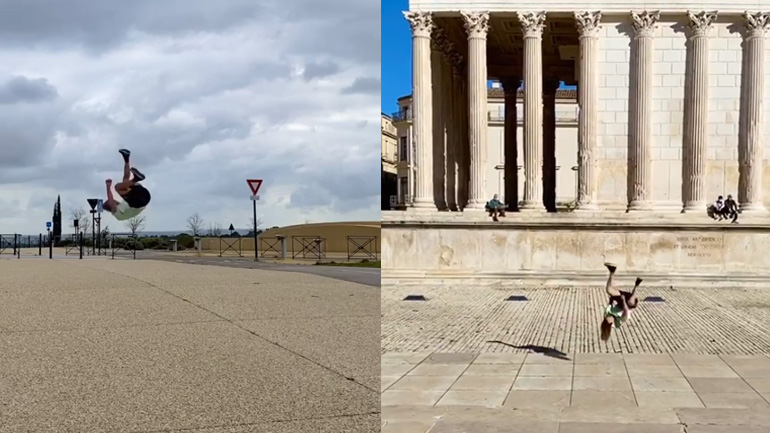 Ένας freerunner διασχίζει δρόμους κάνοντας frontflip