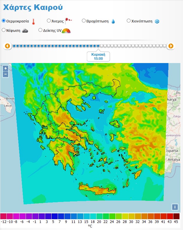 Χάρτης με τις θερμοκρασίες την Κυριακή του Πάσχα (πηγή: k24.net)