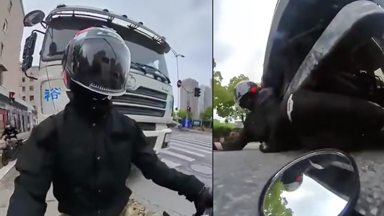 Mοτοσικλετιστής ανατρέπεται από φορτηγό Mοτοσικλετιστής ανατρέπεται από φορτηγό