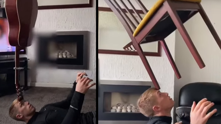 Άνδρας ισορροπεί βαριά αντικείμενα στο πρόσωπό του