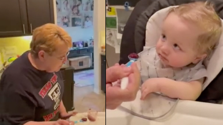 Η γιαγιά προσπαθεί να ταΐσει το μωρό