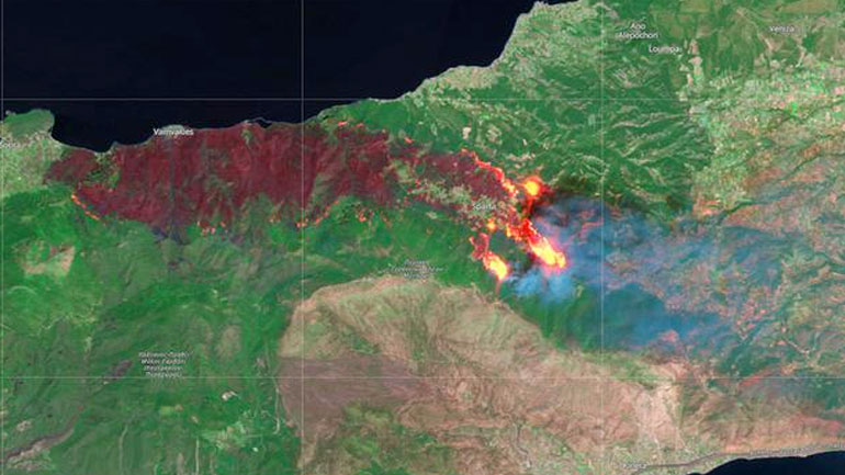 Δορυφορική εικόνα της μεγάλης πυρκαγιάς στα Γεράνεια Όρη
