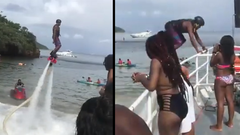 Άντρας χορεύει σε flyboard -fail