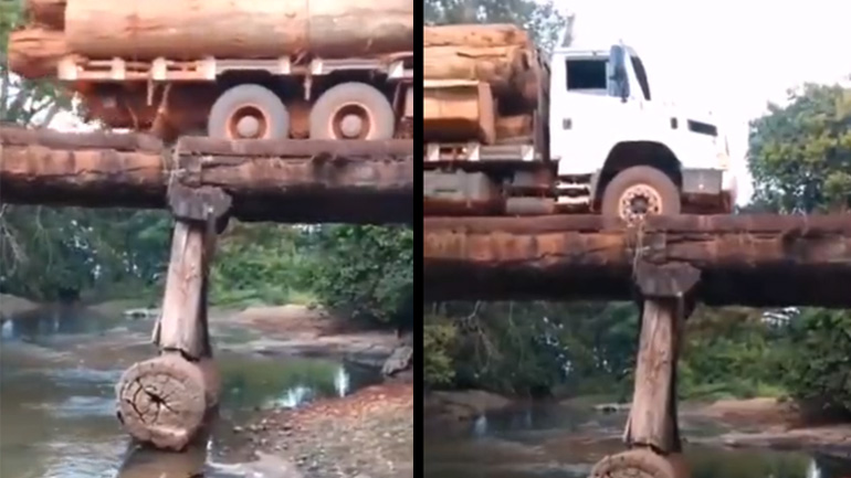 Φορτηγό περνά από μια ξύλινη γέφυρα