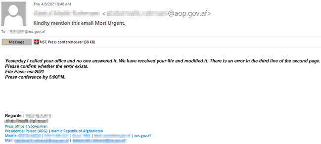 Figure 1. Το κακόβουλο email που στάλθηκε στους υπαλλήλους του Αφγανικού κράτους