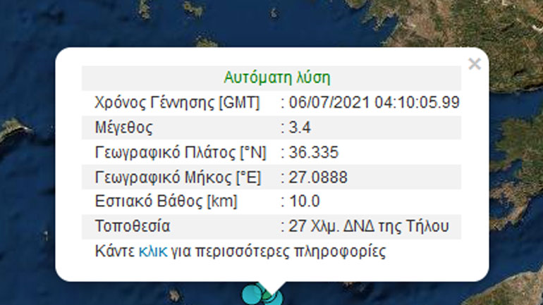 Σεισμική δόνηση 3,4 Ρίχτερ στην Τήλο