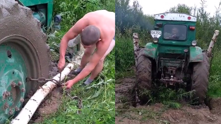 Αγρότης ξεκολλάει το τρακτέρ του από τη λάσπη Αγρότης ξεκολλάει το τρακτέρ του από τη λάσπη