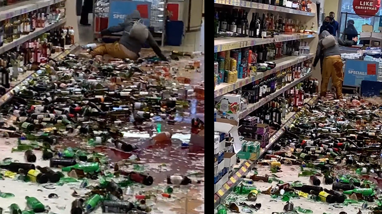 Γυναίκα σπάει εκατοντάδες μπουκάλια σε ένα κατάστημα Γυναίκα σπάει εκατοντάδες μπουκάλια σε ένα κατάστημα