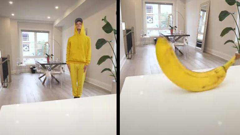 Άντρας μιμείται μια μπανάνα που πέφτει