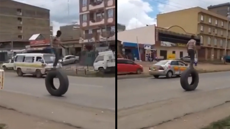 Αγόρι κινείται με μια ρόδα νταλίκας