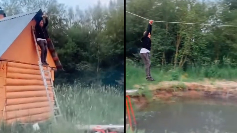 Γυναίκα διασχίζει μια λίμνη με τροχαλία