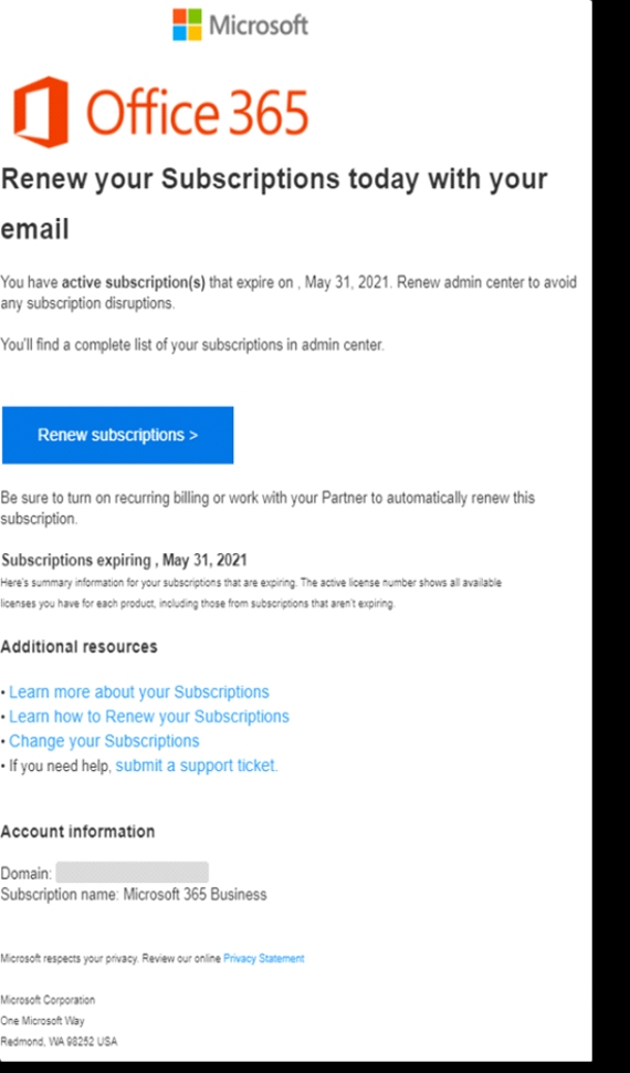 Το κακόβουλο μήνυμα ηλεκτρονικού ταχυδρομείου που παριστάνει τη Microsoft, με θέμα "Η συνδρομή σας έχει λήξει"
