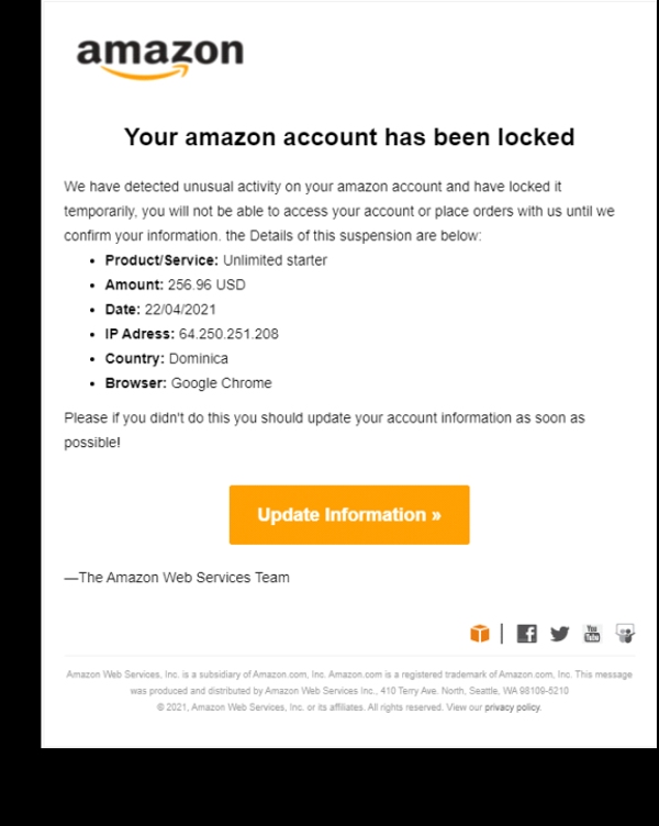 Το κακόβουλο μήνυμα ηλεκτρονικού ταχυδρομείου που παριστάνει την Amazon, με θέμα "Ο λογαριασμός σας στην Amazon έχει κλειδωθεί"