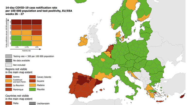 Χάρτης ECDC: «Πορτοκαλί» Αττική και Κρήτη Χάρτης ECDC: «Πορτοκαλί» Αττική και Κρήτη