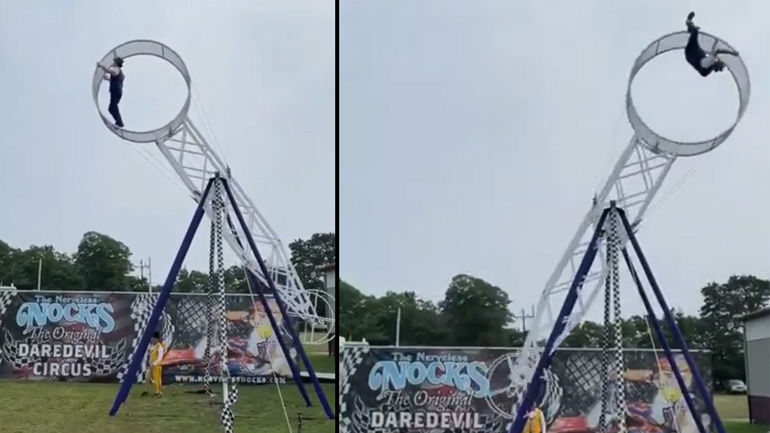 Ακροβάτης πέφτει από έναν περιστρεφόμενο τροχό 