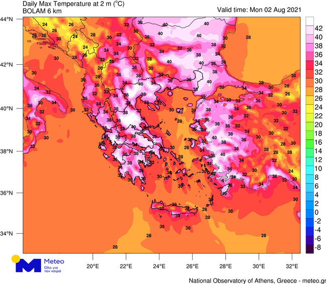 Μέγιστες θερμοκρασίες για τη Δευτέρα 02/08/2021.
