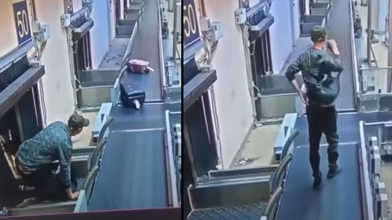 Μεθυσμένος άνδρας στη ζώνη μεταφοράς αποσκευών αεροδρομίου