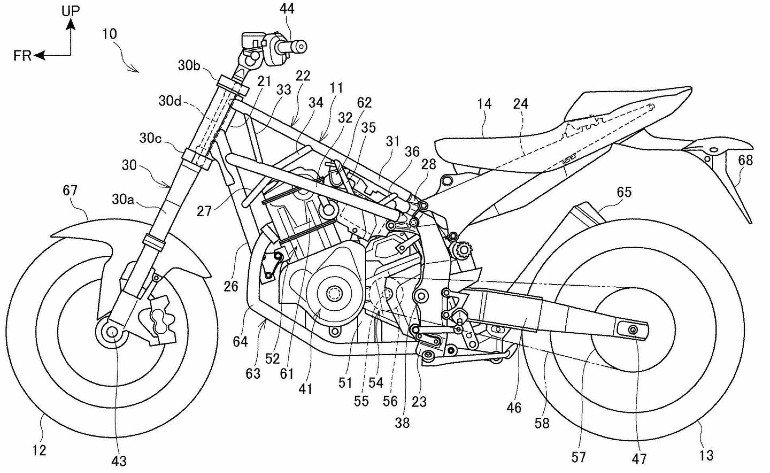 Το συγκεκριμένο σχέδιο δείχνει ένα πλαίσιο χωροδικτύωμα να έχει προσαρμοστεί στη μοτοσικλέτα.