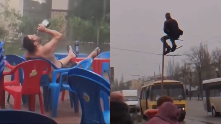 Άνθρωποι που απολαμβάνουν μόνοι τους τη βροχή