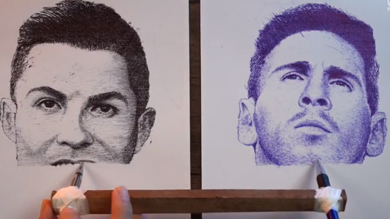 Σχεδιάζοντας το πορτρέτο του Ronadlo και του Messi ταυτόχρονα