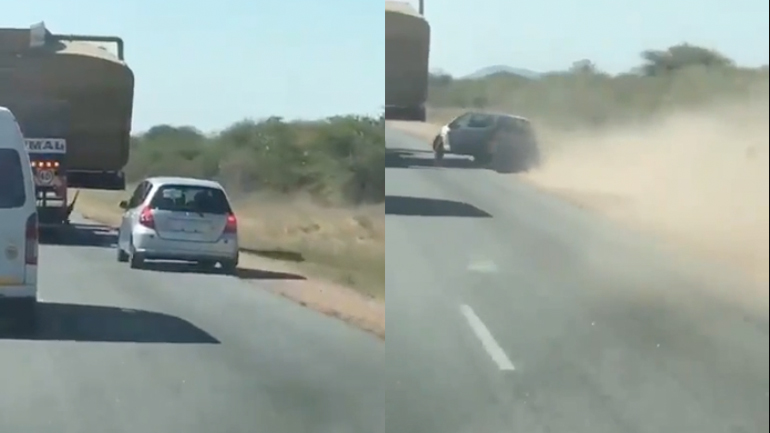 Ανυπόμονος αυτοκινητιστής προσπερνά ένα φορτηγό