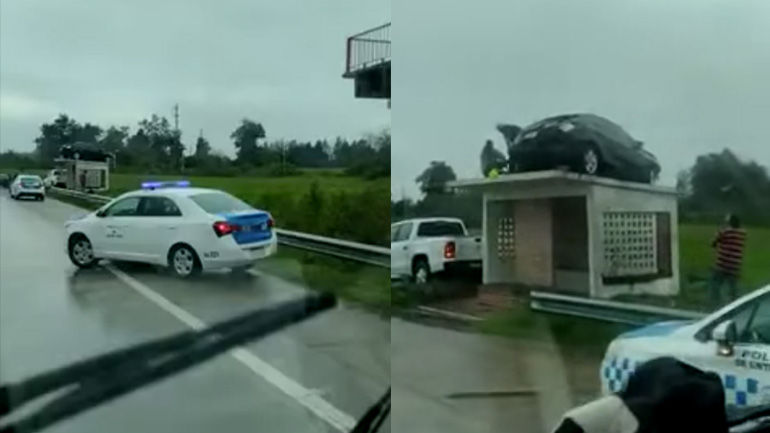 Aυτοκίνητο προσγειώθηκε πάνω σε στάση λεωφορείου Aυτοκίνητο προσγειώθηκε πάνω σε στάση λεωφορείου