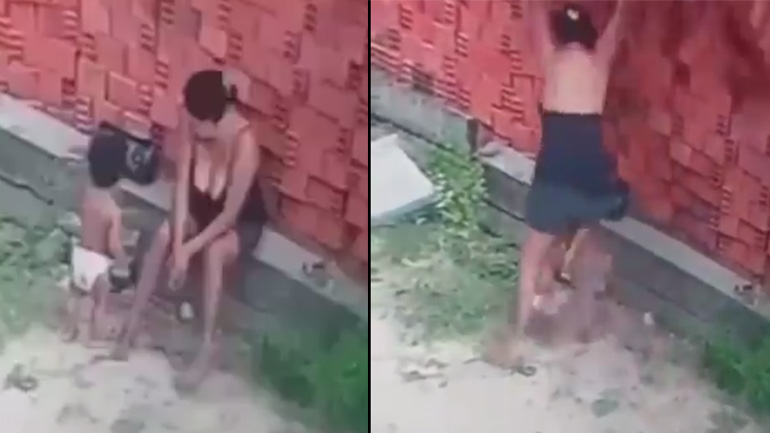 Mαμά σώζει το παιδί της από τοίχο που καταρρέει