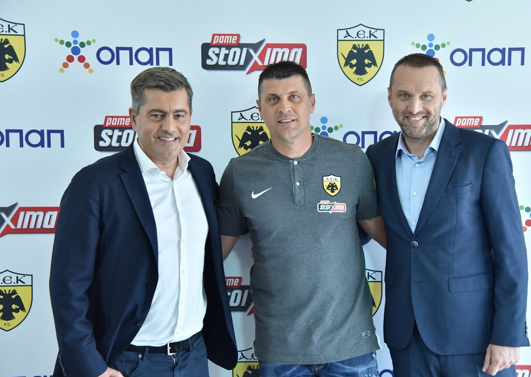 Οδυσσέας Χριστοφόρου, Αναπληρωτής Διευθύνων Σύμβουλος ΟΠΑΠ, Βλάνταν Μιλόγεβιτς, προπονητής ΑΕΚ, Γιάννης Ρόκκας,  Διευθυντής Marketing, Επικοινωνίας και Χορηγιών ΟΠΑΠ