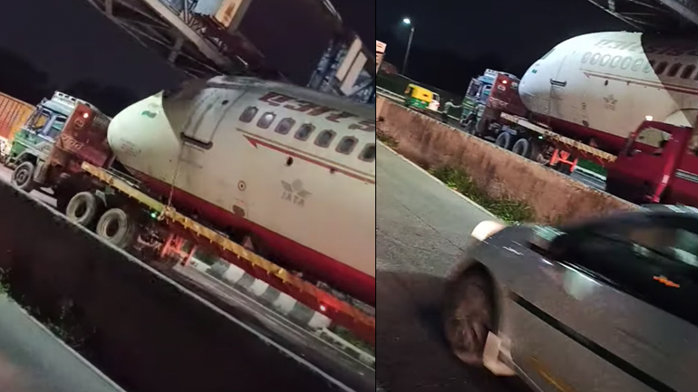 Φορτηγό μεταφέρει αεροπλάνο και κολλάει κάτω από μια γέφυρα