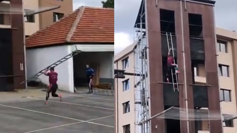 Πυροσβέστης σκαρφαλώνει σε λίγα δευτερόλεπτα στον τρίτο όροφο ενός κτηρίου