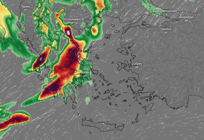 Χάρτης έντονων βροχοπτώσεων όπως προβλέπει το σύστημα ΠΟΣΕΙΔΩΝ