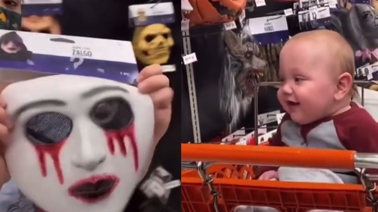 Μωρό βλέπει μια τρομακτική μάσκα