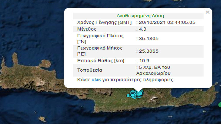 Νέα σεισμική δόνηση 4,3 Ρίχτερ στο Αρκαλοχώρι