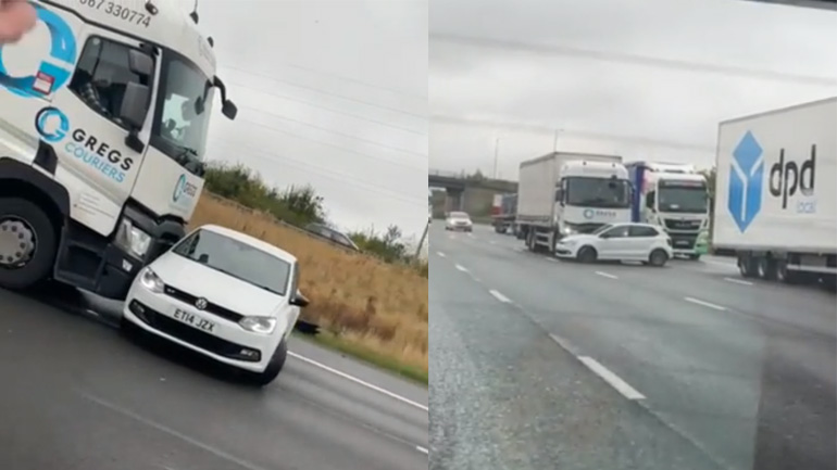 Φορτηγό σπρώχνει ένα αυτοκίνητο σε αυτοκινητόδρομο