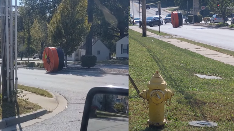 Kαρούλι καλωδίων κυλάει σε κατηφόρα