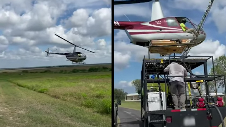 Eλικόπτερο προσγειώνεται σε ένα φορτηγό