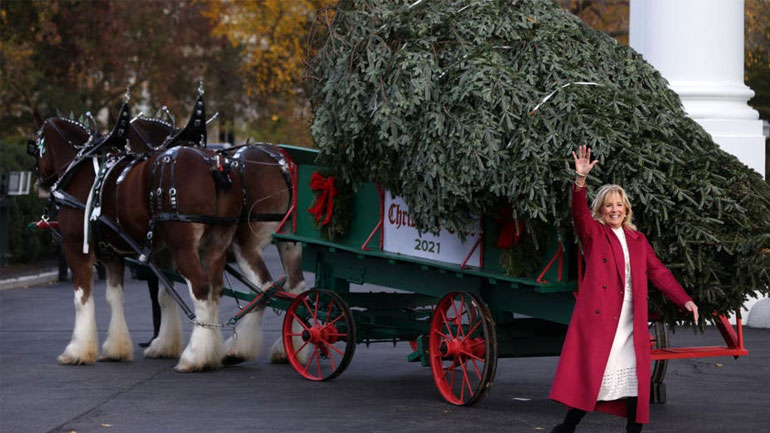 Jill Biden: Η Πρώτη Κυρία των ΗΠΑ υποδέχθηκε το χριστουγεννιάτικο δέντρο στον Λευκό Οίκο